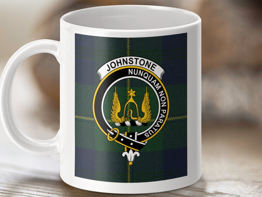 Physical Item 11oz / 11oz / White Johnstone Clan Scottish Tartan Crest Mug