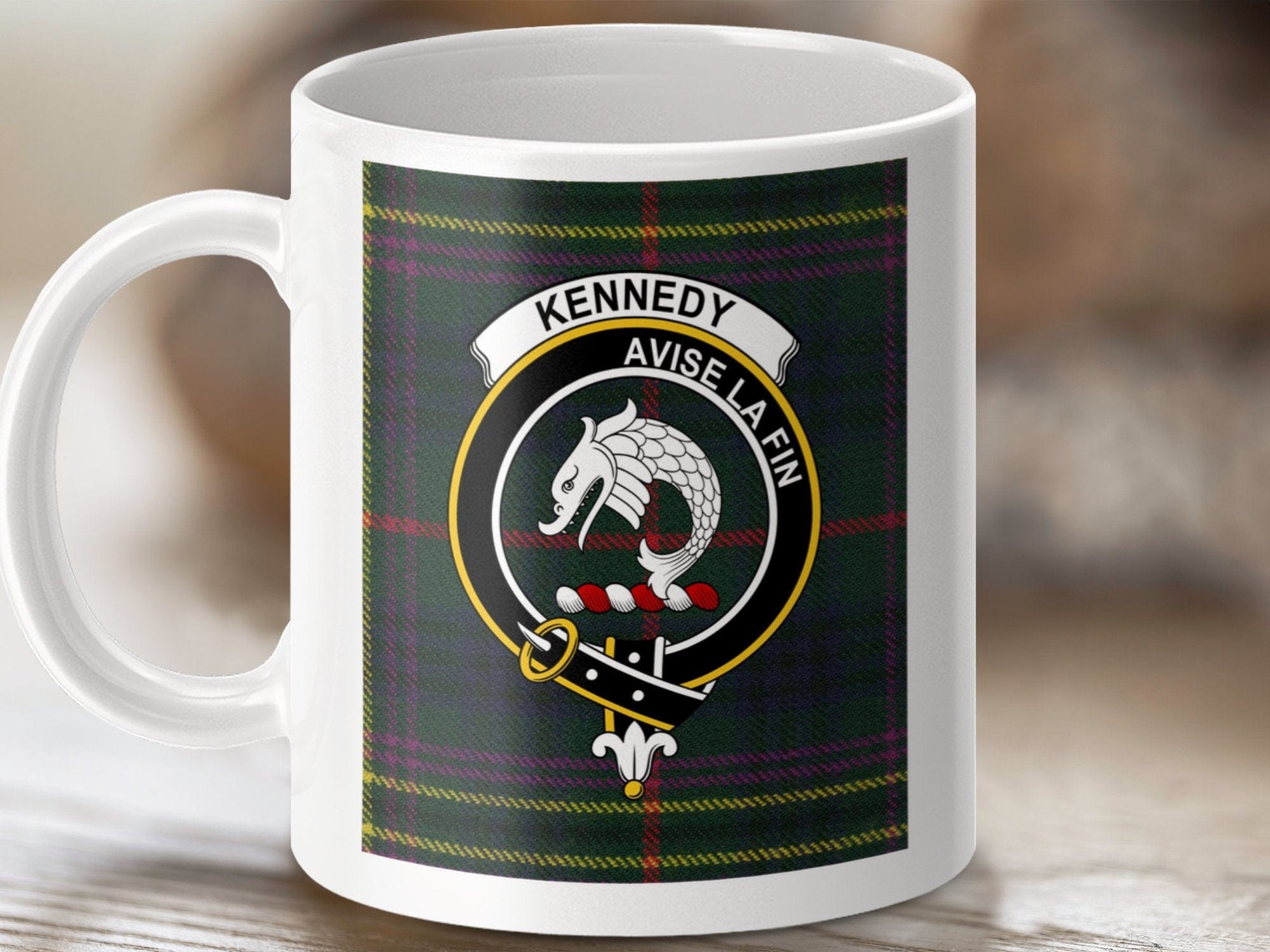 Physical Item 11oz / 11oz / White Kennedy Clan Scottish Tartan Crest Mug