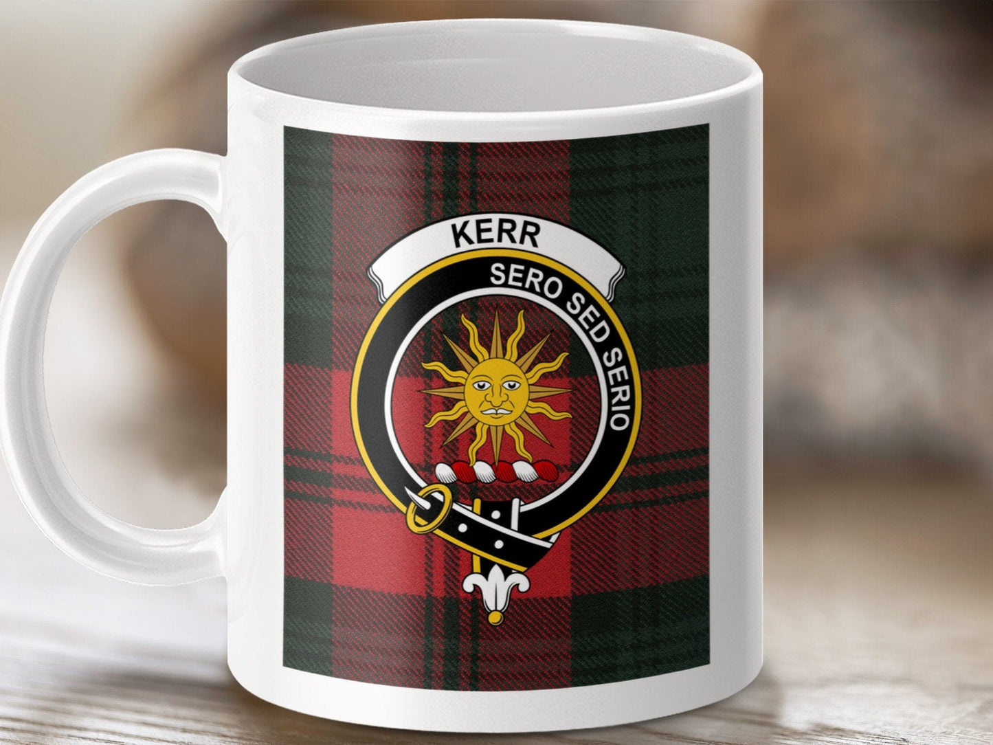 Physical Item 11oz / 11oz / White Kerr Clan Scottish Tartan Crest Sun Design Mug