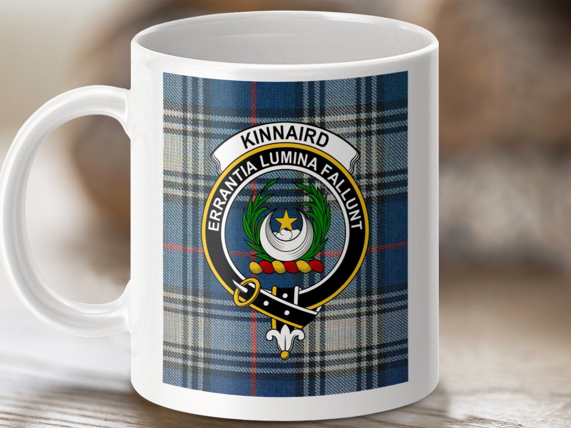 Physical Item 11oz / 11oz / White Kinnaird Clan Scottish Tartan Crest Mug