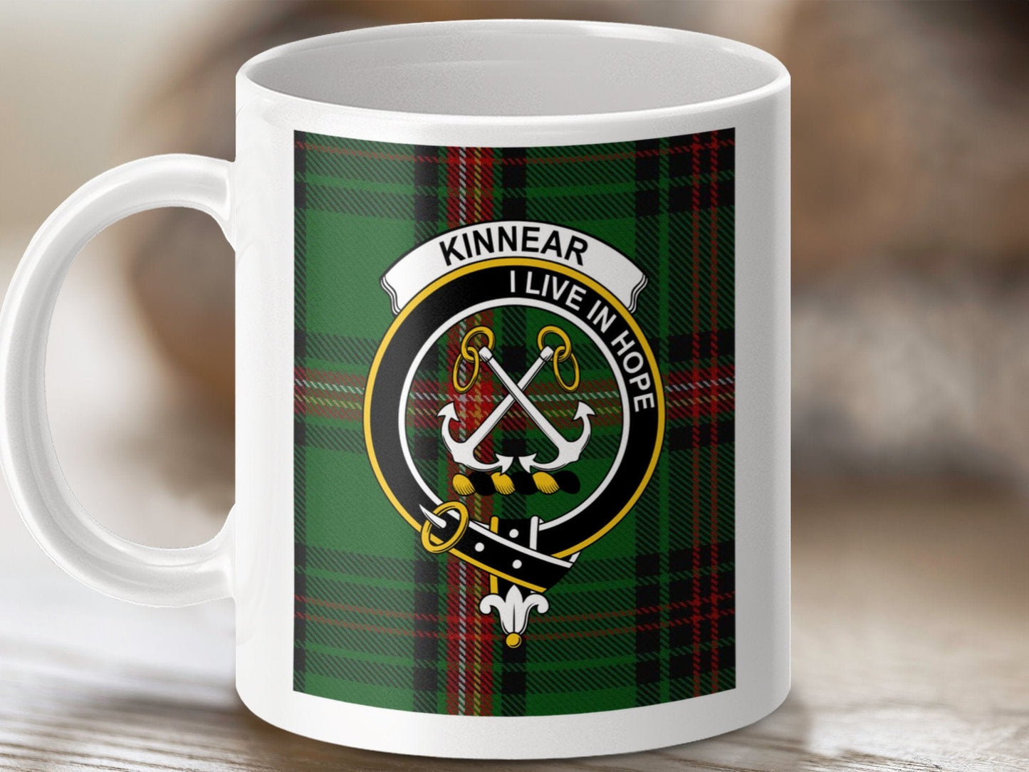 Physical Item 11oz / 11oz / White Kinnear Clan Scottish Tartan Crest Mug