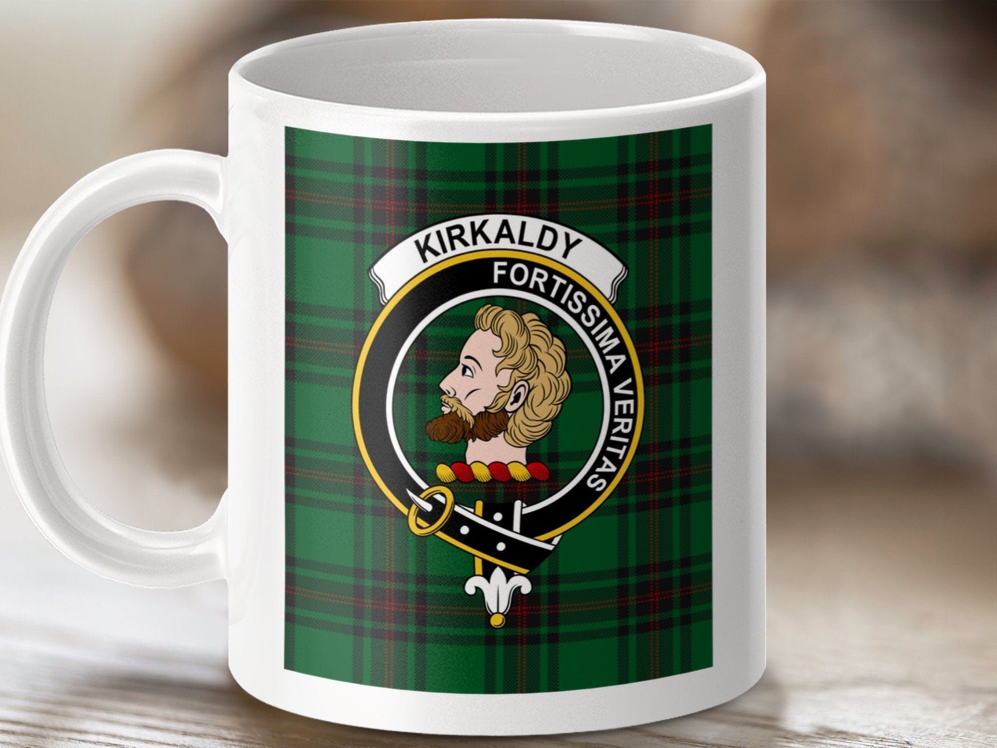 Physical Item 11oz / 11oz / White Kirkaldy Clan Scottish Tartan Crest Mug