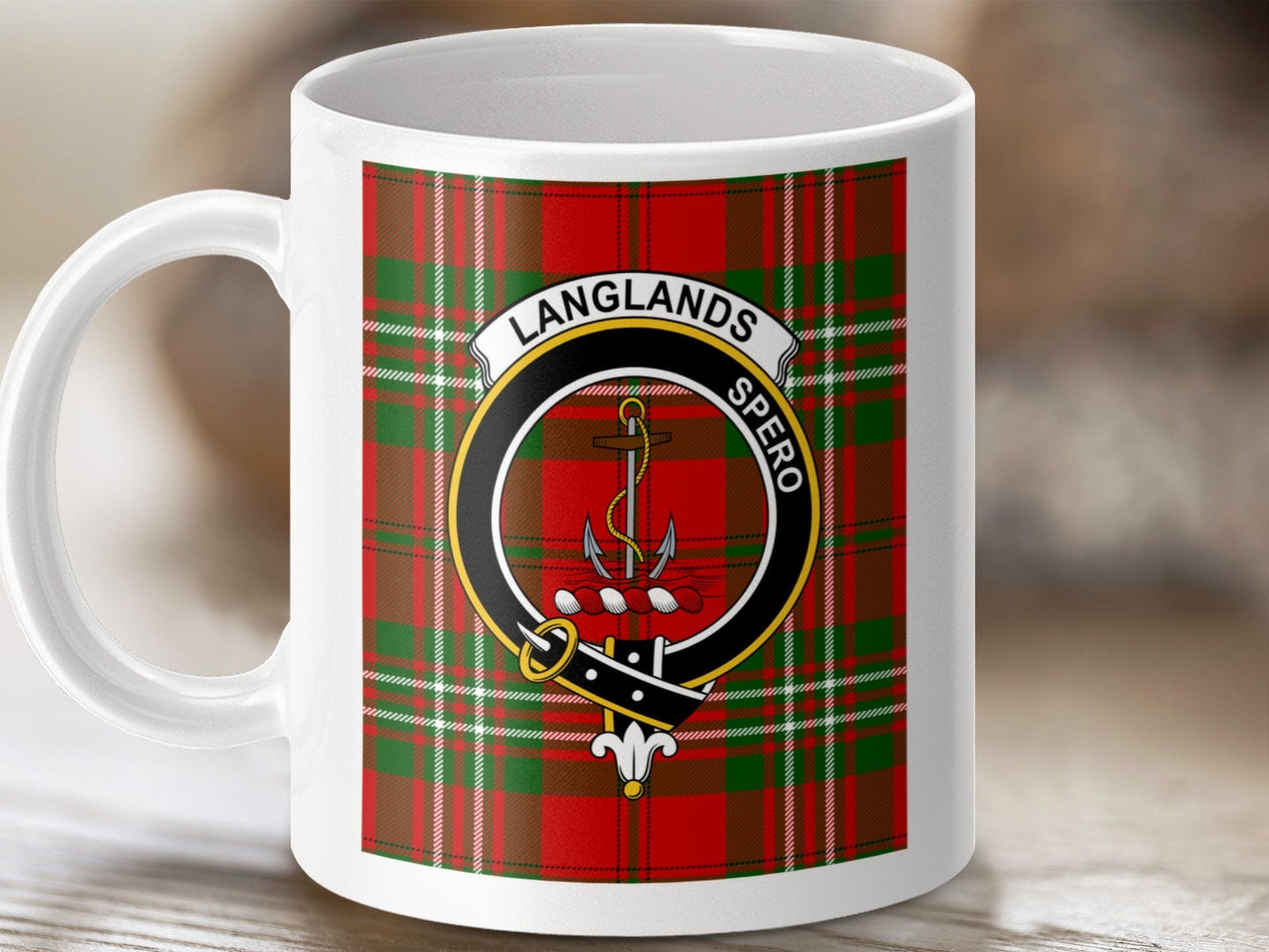 Physical Item 11oz / 11oz / White Langlands Clan Scottish Tartan Crest mug