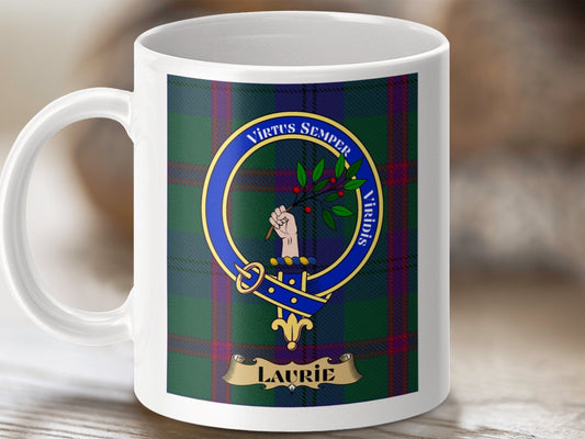 Physical Item 11oz / 11oz / White Laurie Clan Scottish Tartan Crest Mug