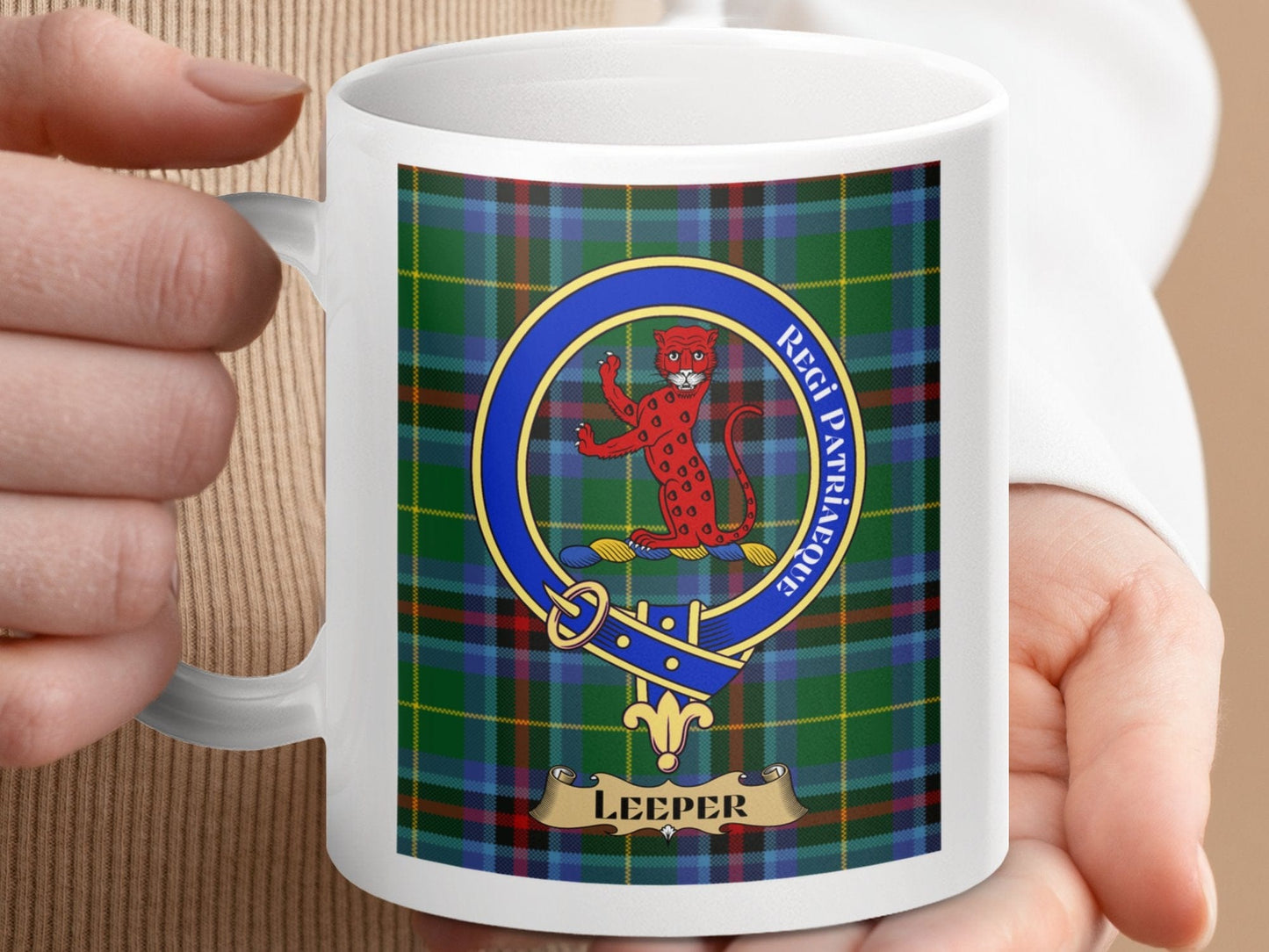 Physical Item 11oz / 11oz / White Leeper Clan Scottish Tartan Crest Mug