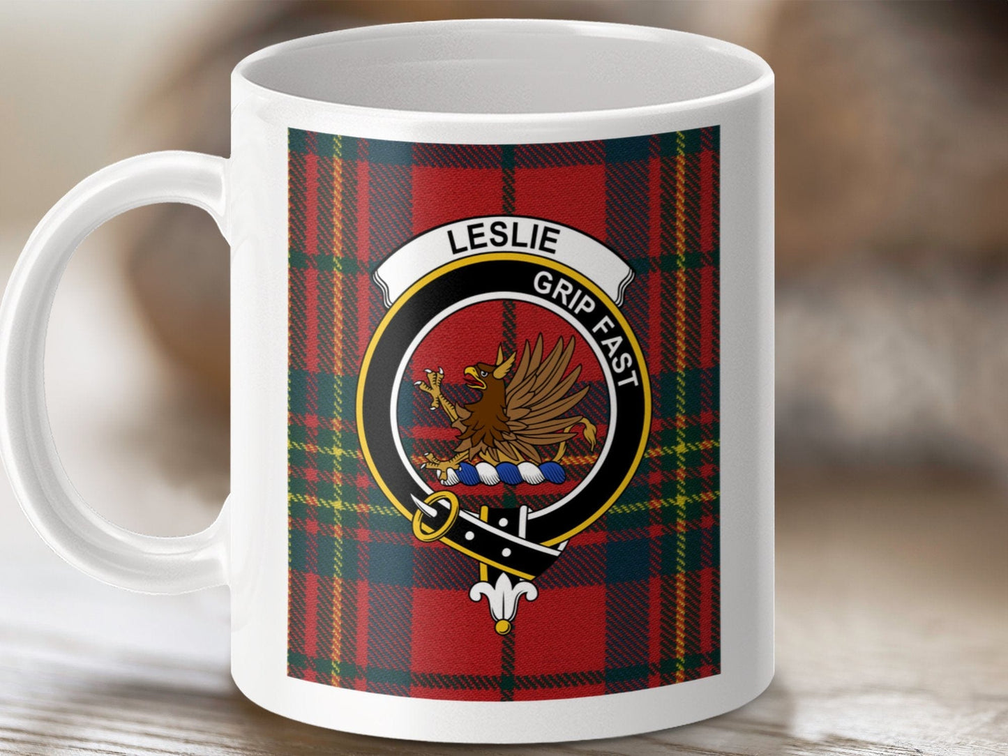 Physical Item 11oz / 11oz / White Leslie Clan Scottish Tartan Crest Mug