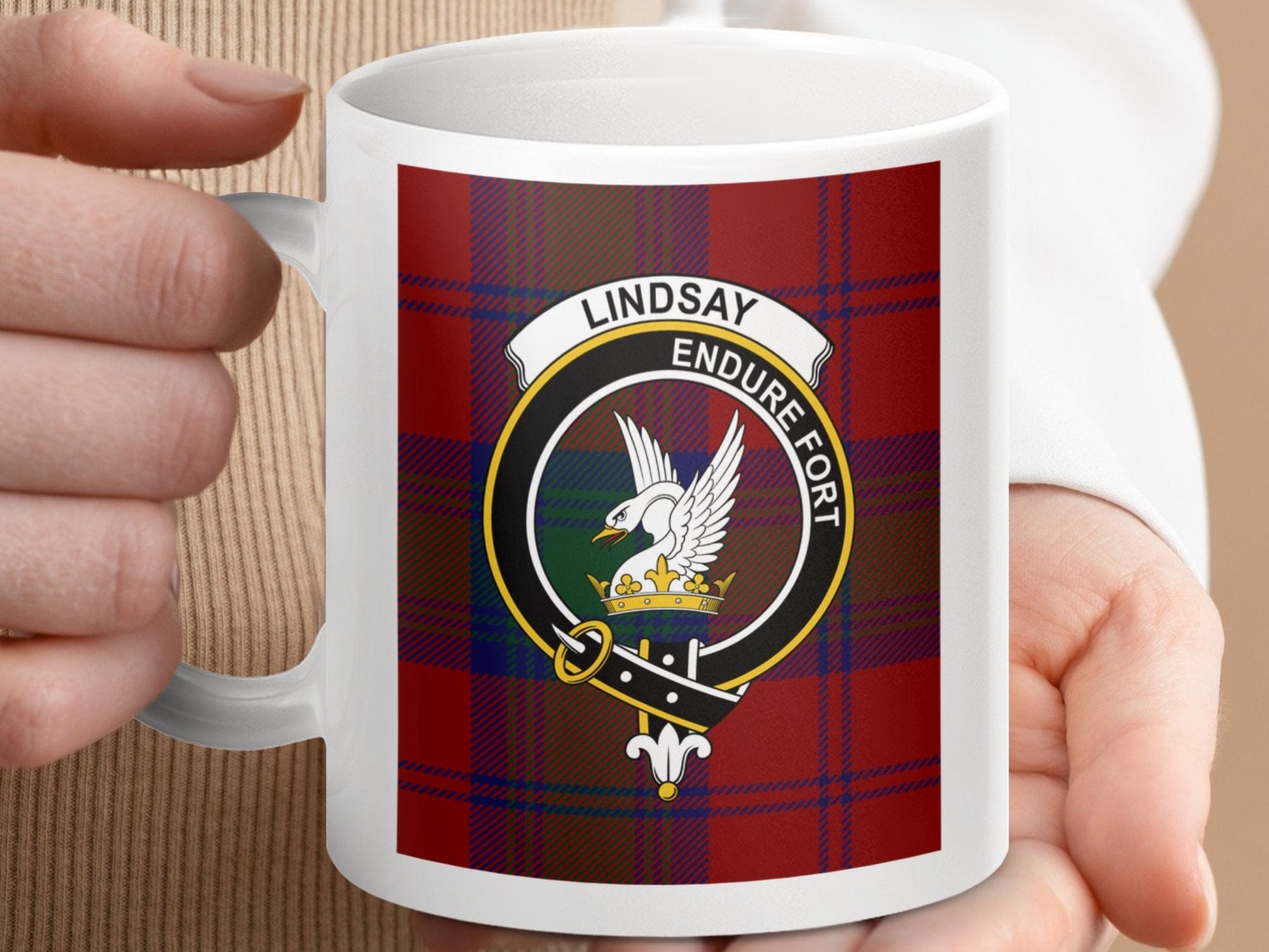 Physical Item 11oz / 11oz / White Lindsay Clan Scottish Tartan Crest Mug