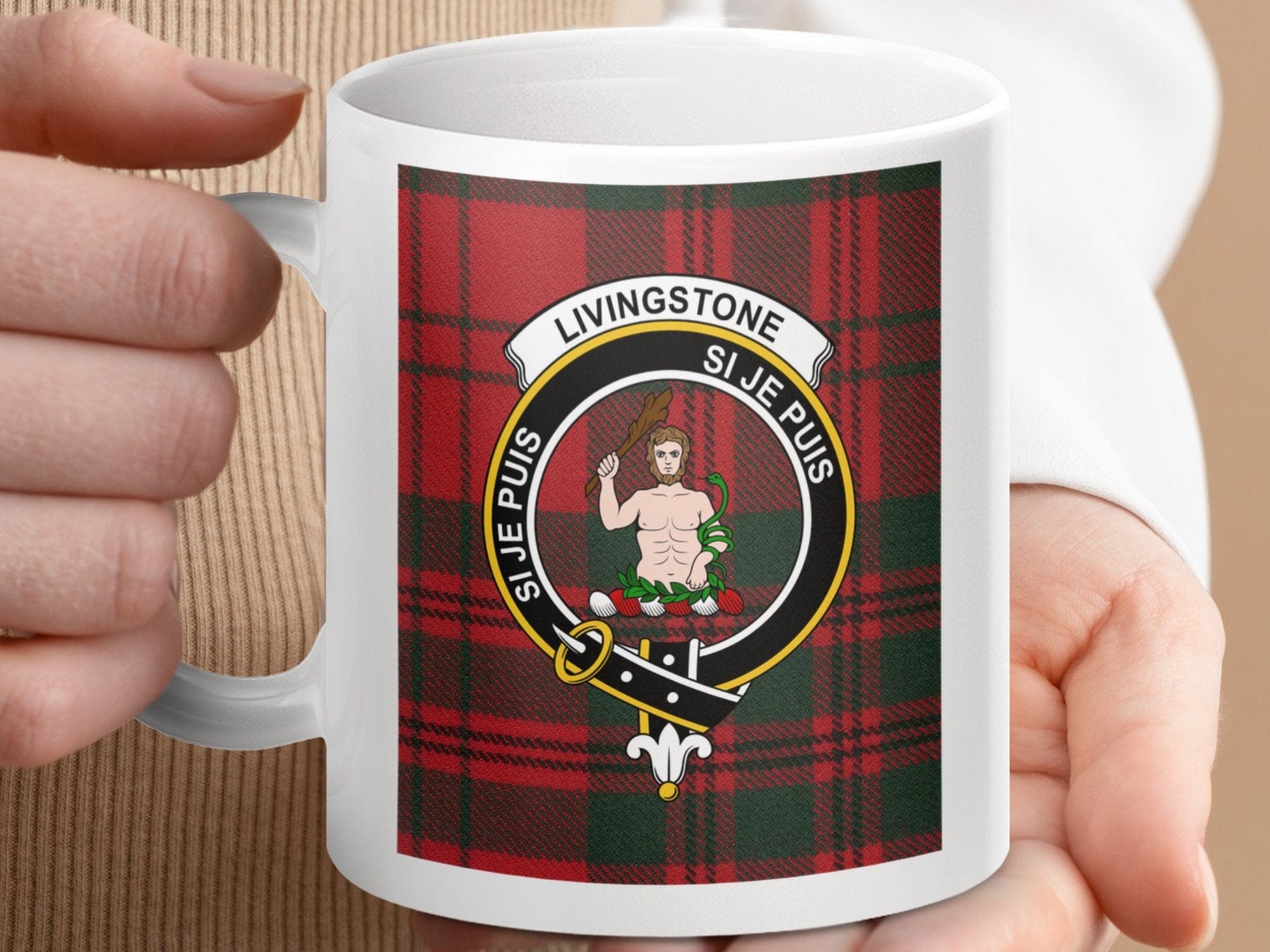 Physical Item 11oz / 11oz / White Livingstone Clan Scottish Tartan Crest Mug