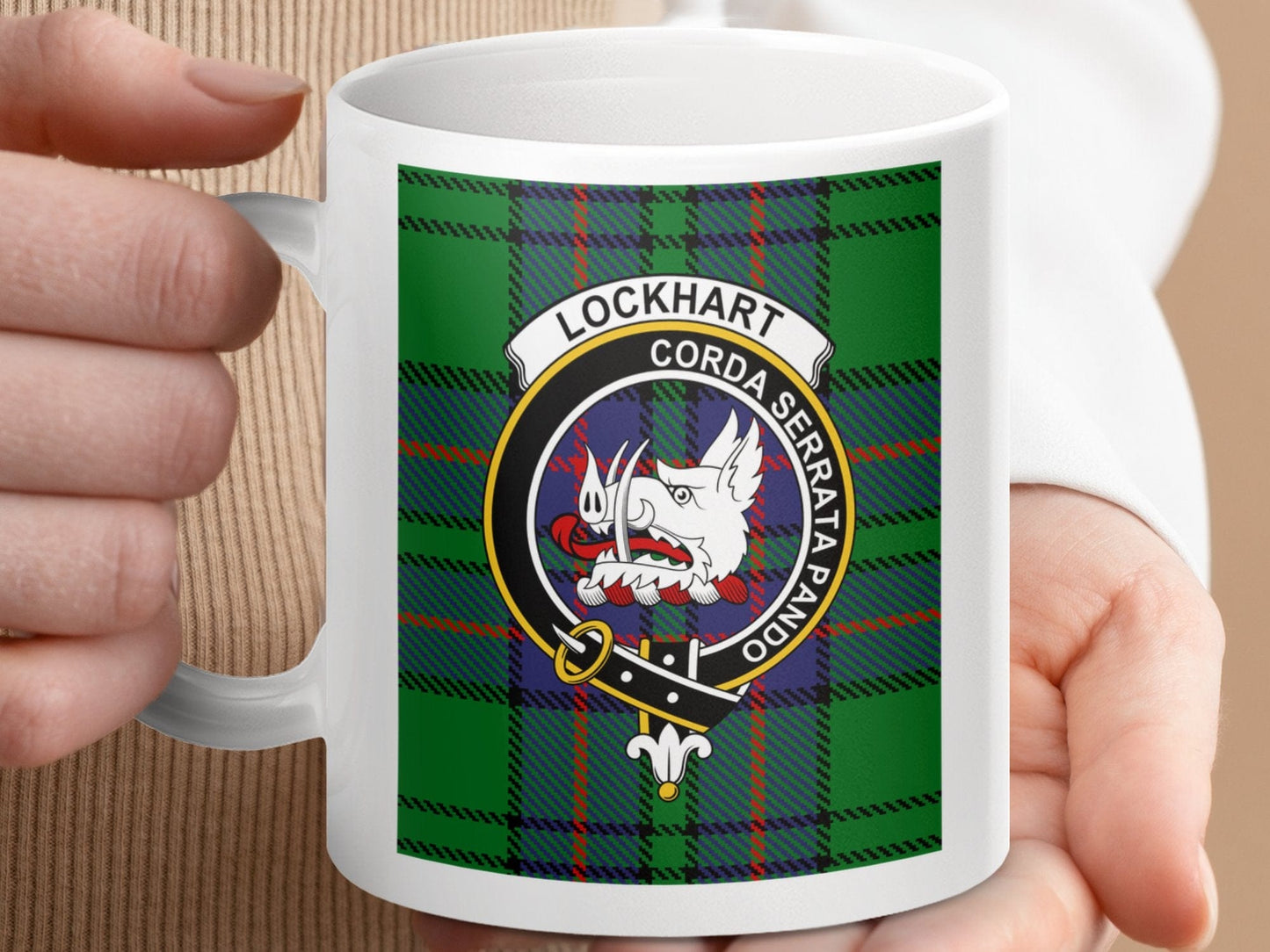 Physical Item 11oz / 11oz / White Lockhart Clan Scottish Tartan Crest Mug