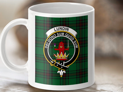 Physical Item 11oz / 11oz / White Lundin Clan Scottish Tartan Crest mug