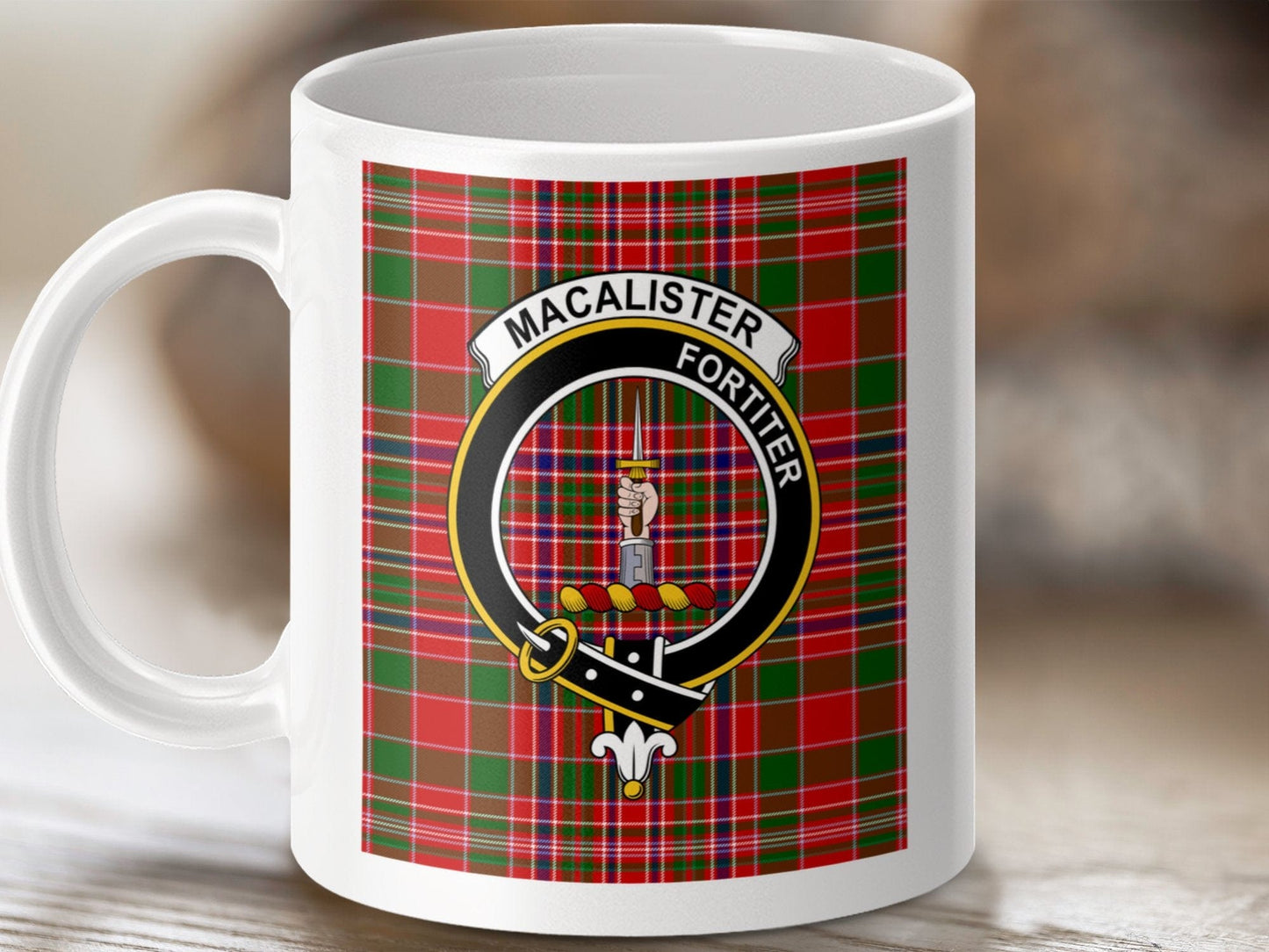 Physical Item 11oz / 11oz / White Macalister Clan Scottish Tartan Crest Mug