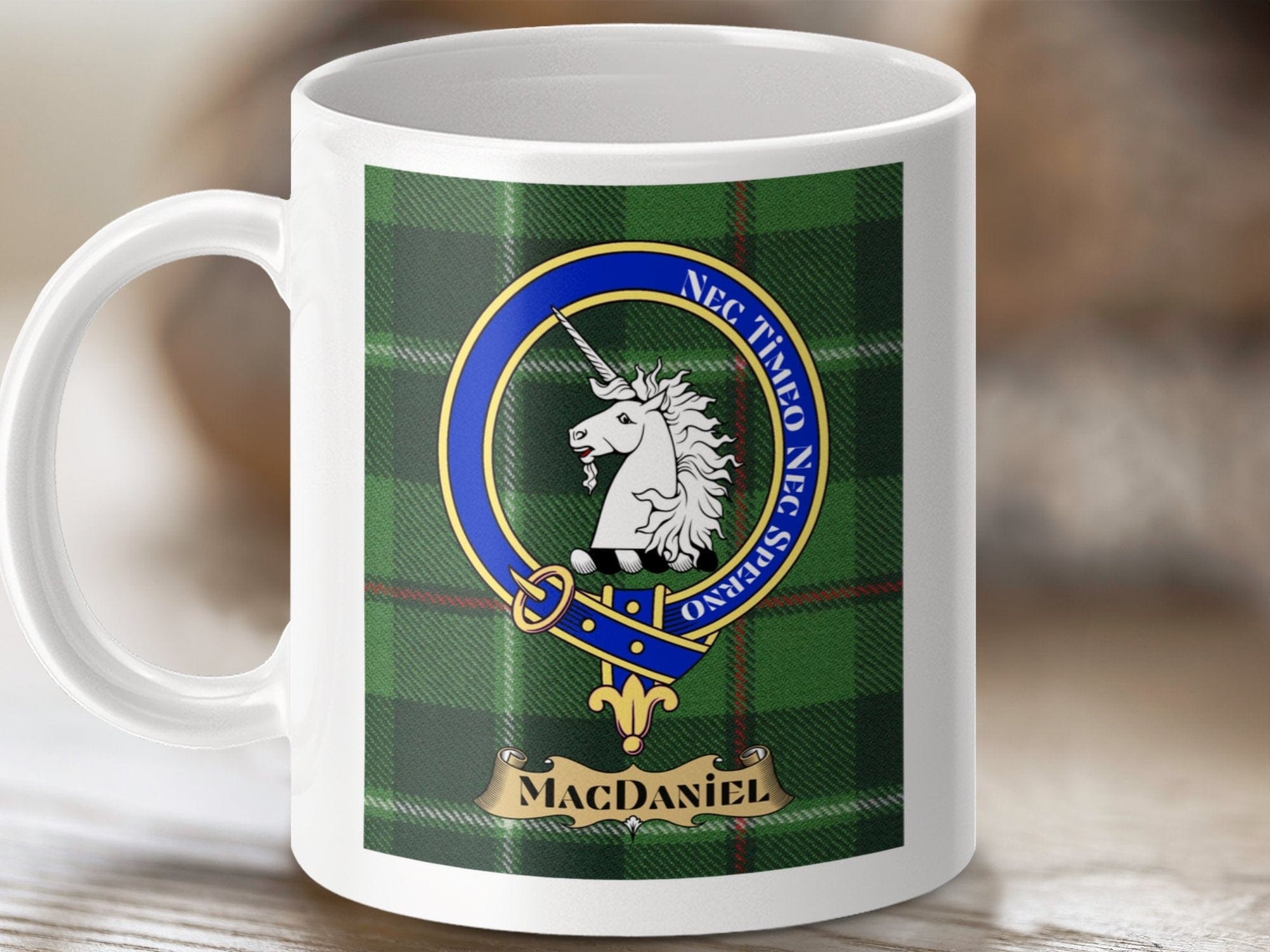 Physical Item 11oz / 11oz / White MacDaniel Clan Scottish Tartan Crest Mug