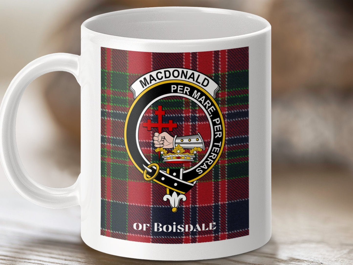 Physical Item 11oz / 11oz / White Macdonald of Boisdale Scottish Clan Crest Tartan Mug