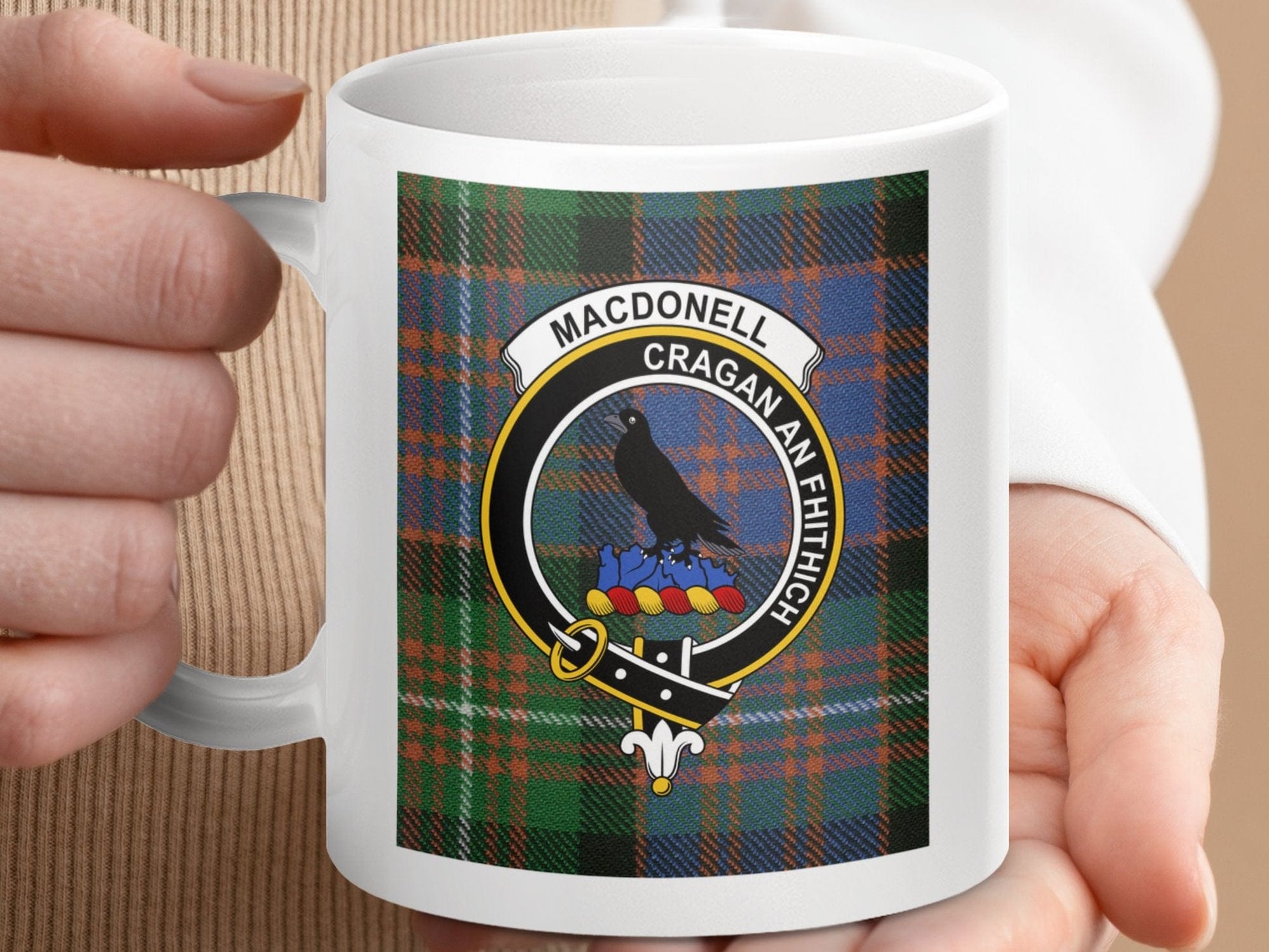 Physical Item 11oz / 11oz / White Macdonell Clan Scottish Tartan Crest Mug