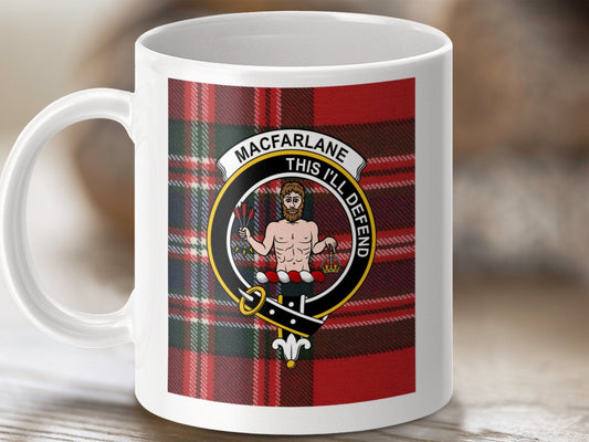 Physical Item 11oz / 11oz / White Macfarlane Clan Scottish Tartan Crest Mug