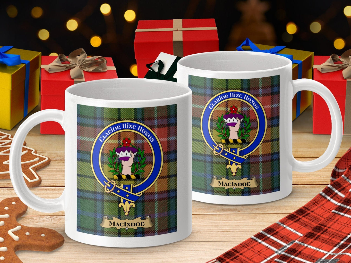 Physical Item 11oz / 11oz / White Macindoe Clan Clarion Scottish Tartan Mug