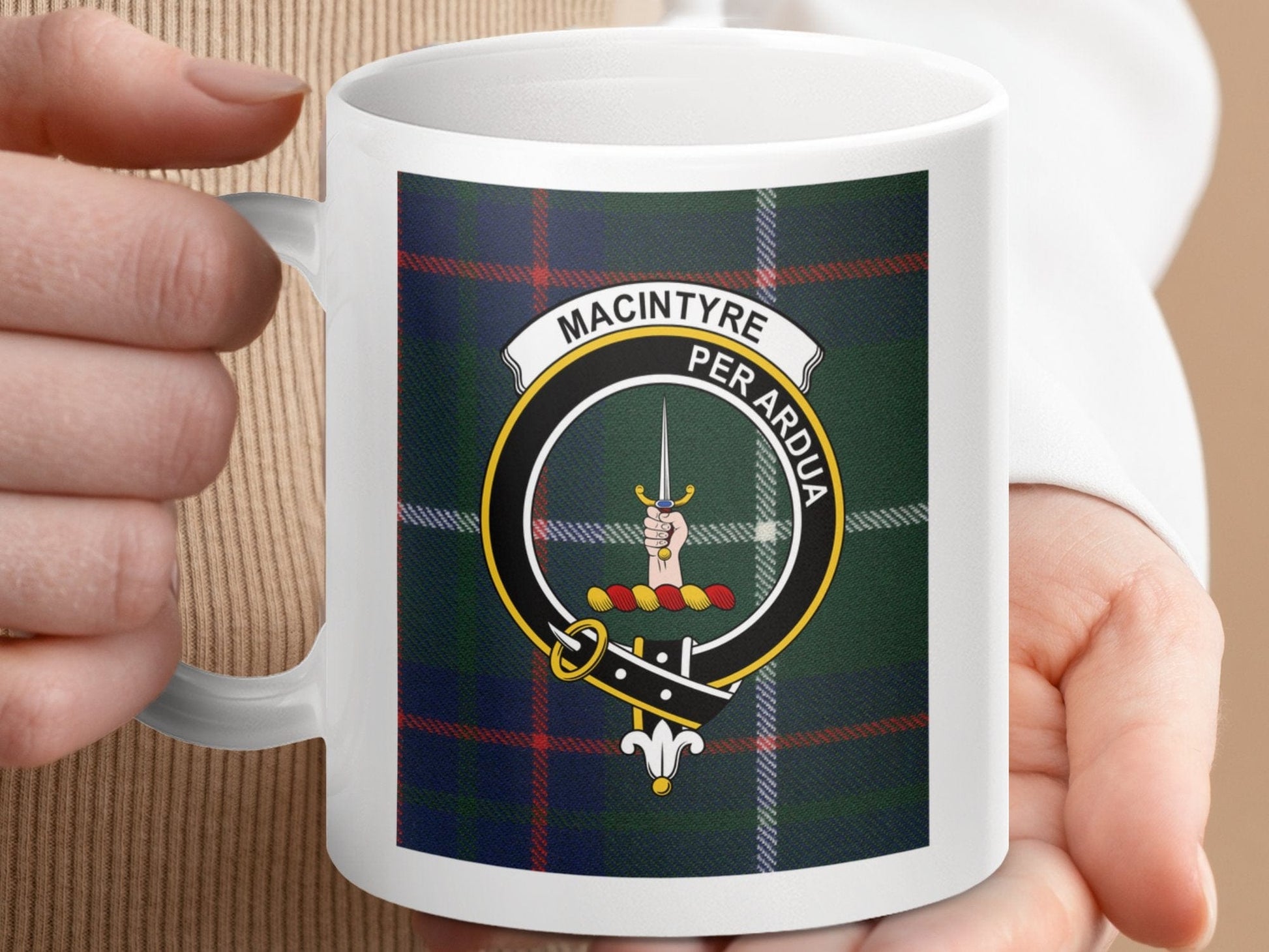 Physical Item 11oz / 11oz / White MacIntyre Clan Scottish Tartan Crest Mug