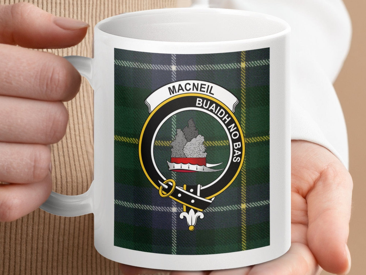 Physical Item 11oz / 11oz / White MacNeil Clan Scottish Tartan Crest Mugs