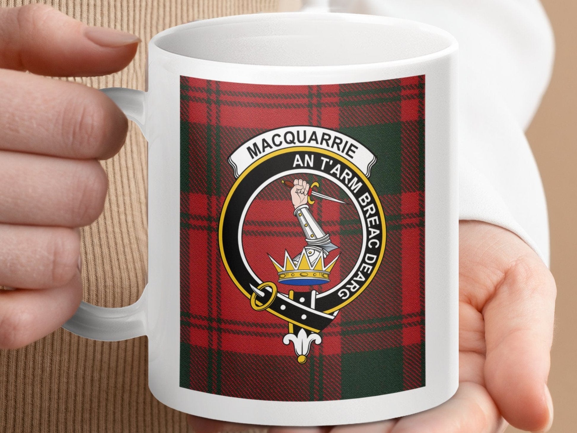 Physical Item 11oz / 11oz / White Macquarrie Scottish Clan Tartan Crest Mugs