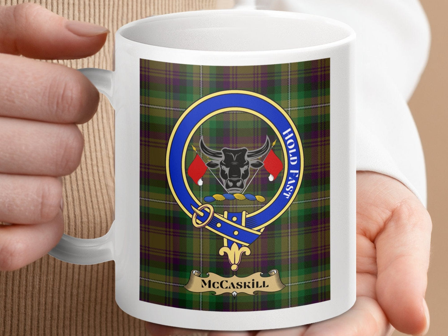 Physical Item 11oz / 11oz / White McCaskill Clan Scottish Tartan Crest Mugs