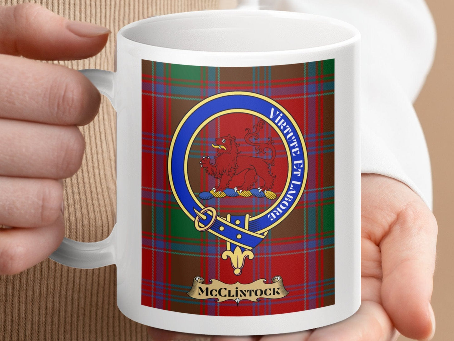 Physical Item 11oz / 11oz / White McClintock Clan Virtute et Labore Tartan Mugs