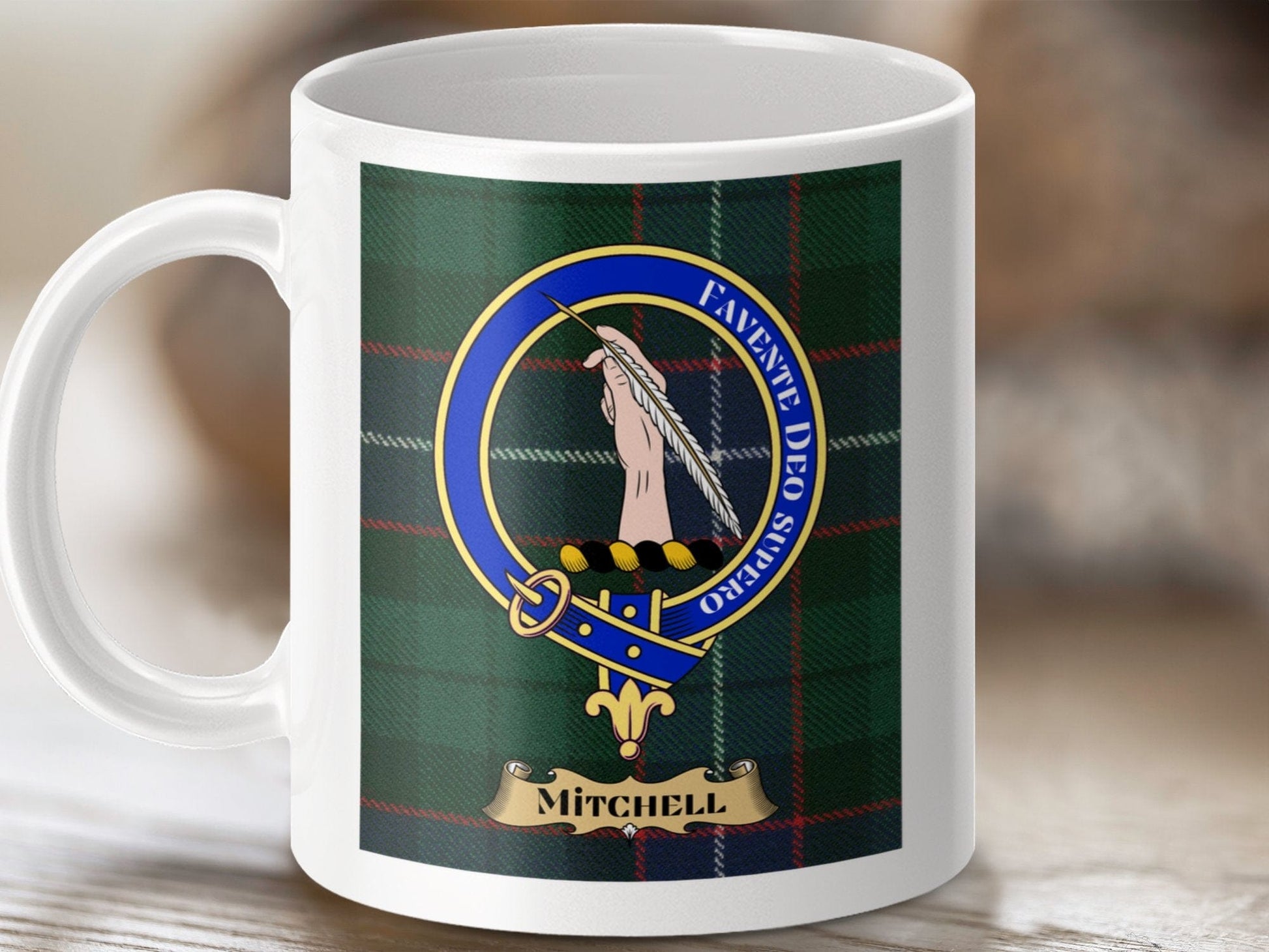 Physical Item 11oz / 11oz / White Mitchell Clan Scottish Tartan Crest Mugs