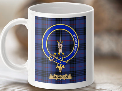 Physical Item 11oz / 11oz / White Morgan Clan Scottish Tartan Crest Mug