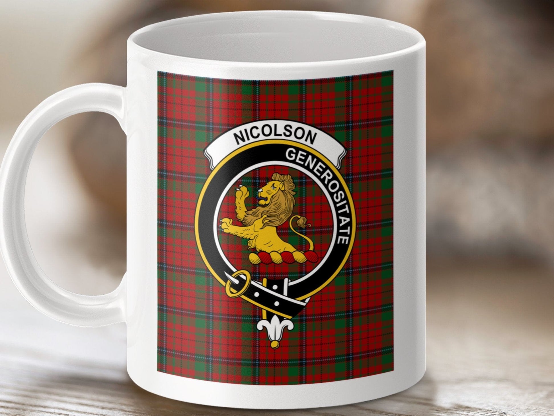 Physical Item 11oz / 11oz / White Nicolson Clan Generositie Scottish Tartan Crest Mugs