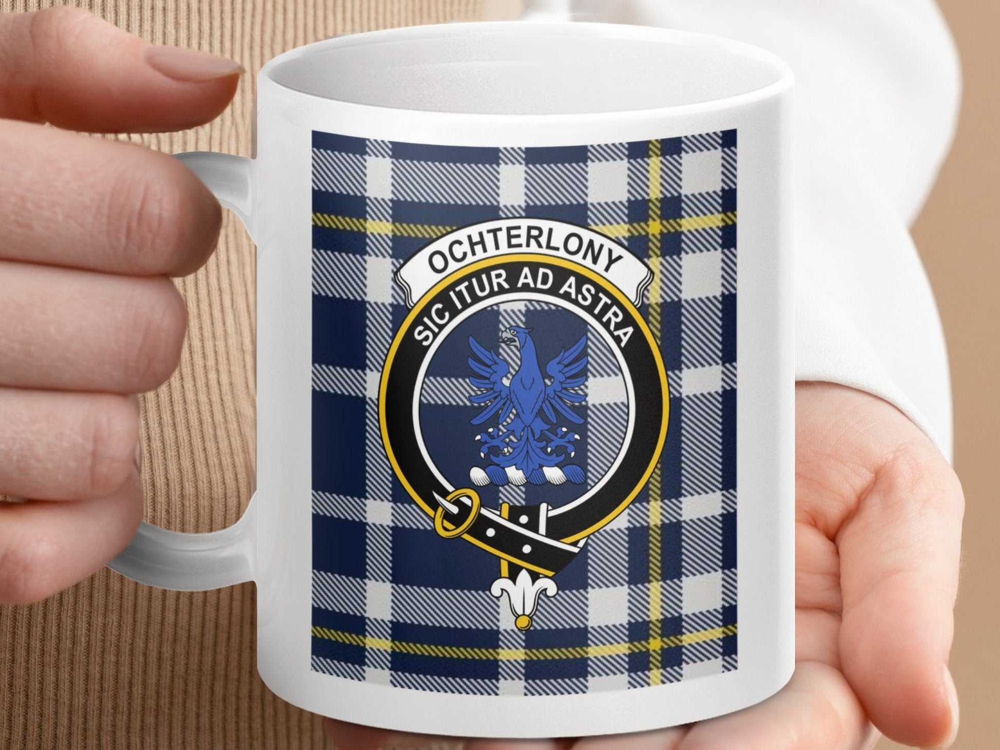 Physical Item 11oz / 11oz / White Ochterlony Clan Scottish Tartan Crest Mugs