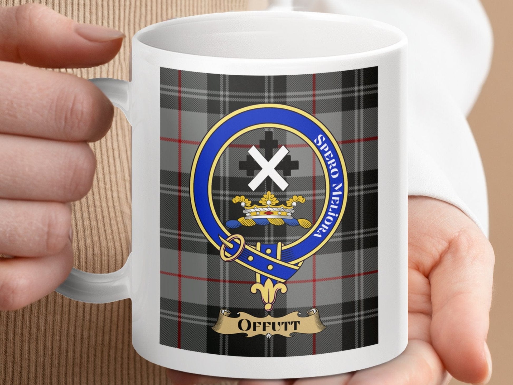 Physical Item 11oz / 11oz / White Offutt Clan Scottish Tartan Crest Mugs