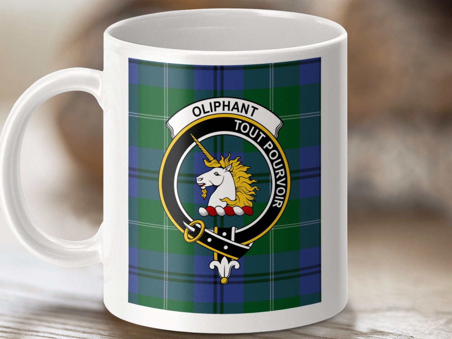 Physical Item 11oz / 11oz / White Oliphant Clan Scottish Tartan Crest Mugs