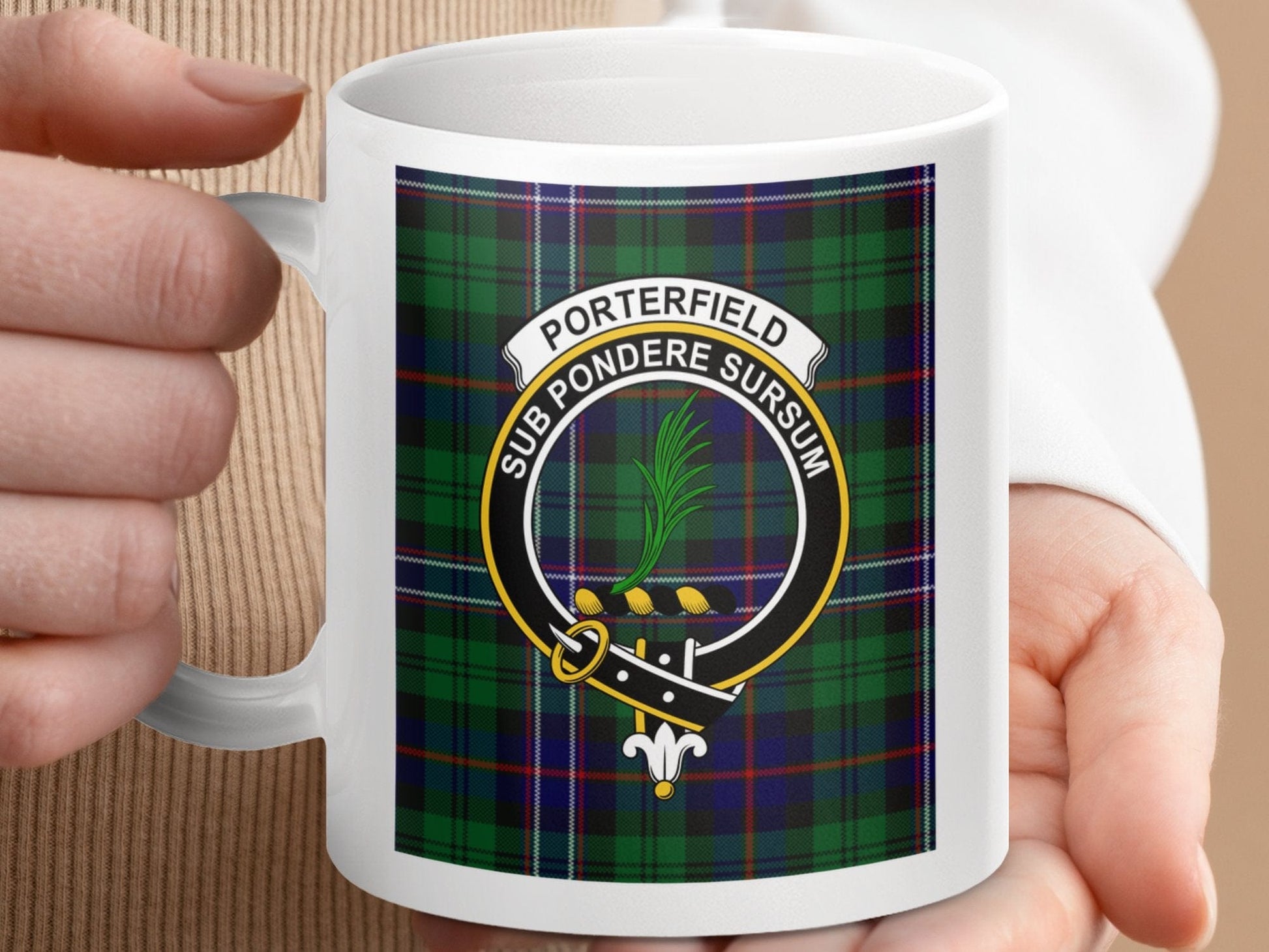 Physical Item 11oz / 11oz / White Porterfield Clan Scottish Tartan Crest Mugs