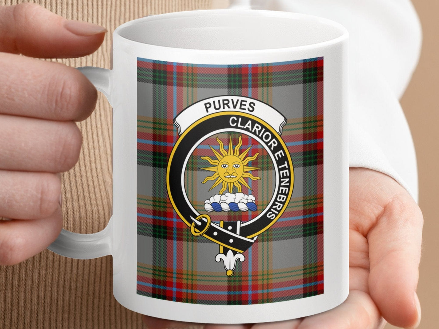 Physical Item 11oz / 11oz / White Purves Clan Scottish Tartan Crest Mugs