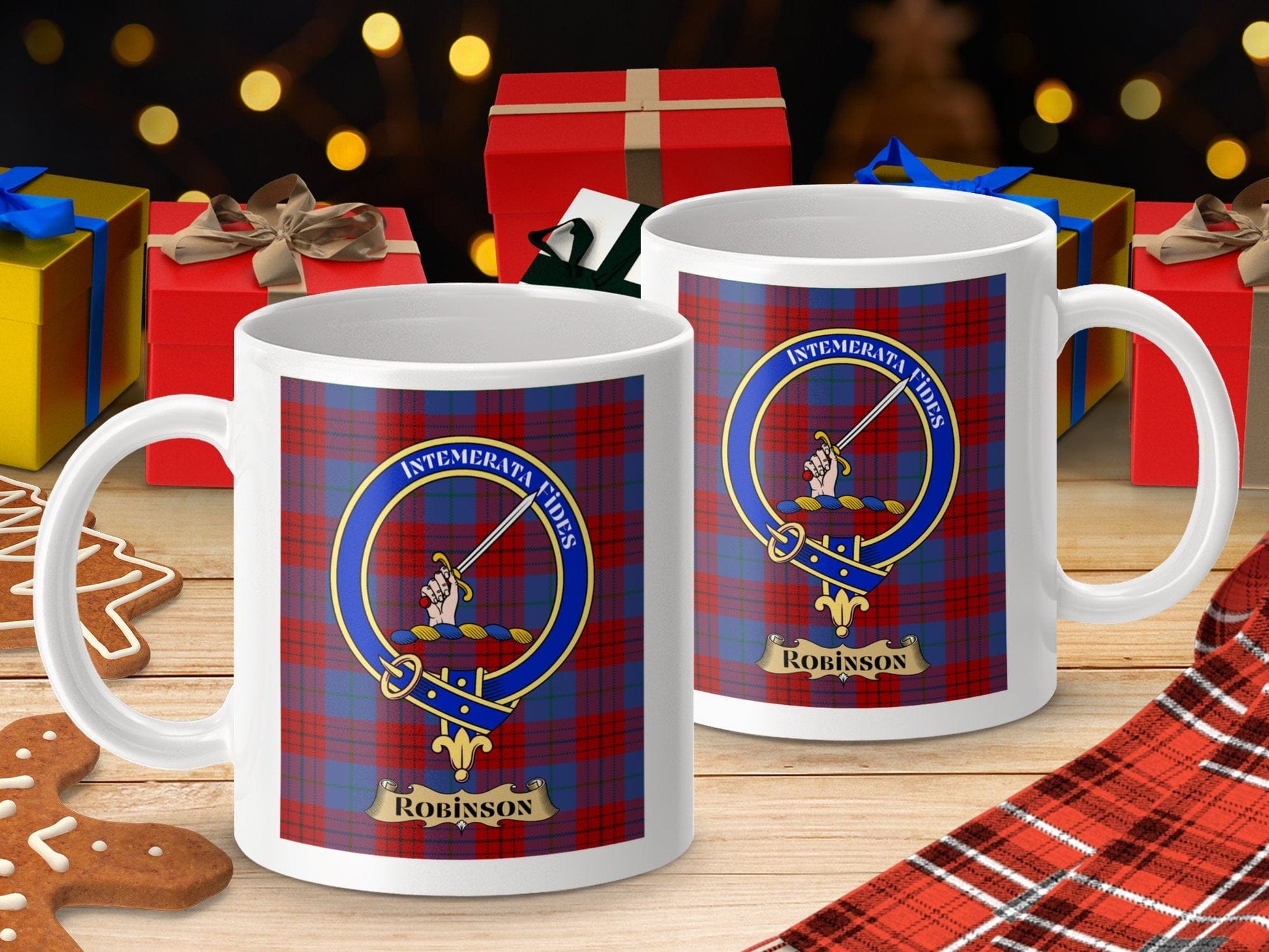 Physical Item 11oz / 11oz / White Robinson Clan Scottish Tartan Crest Mugs