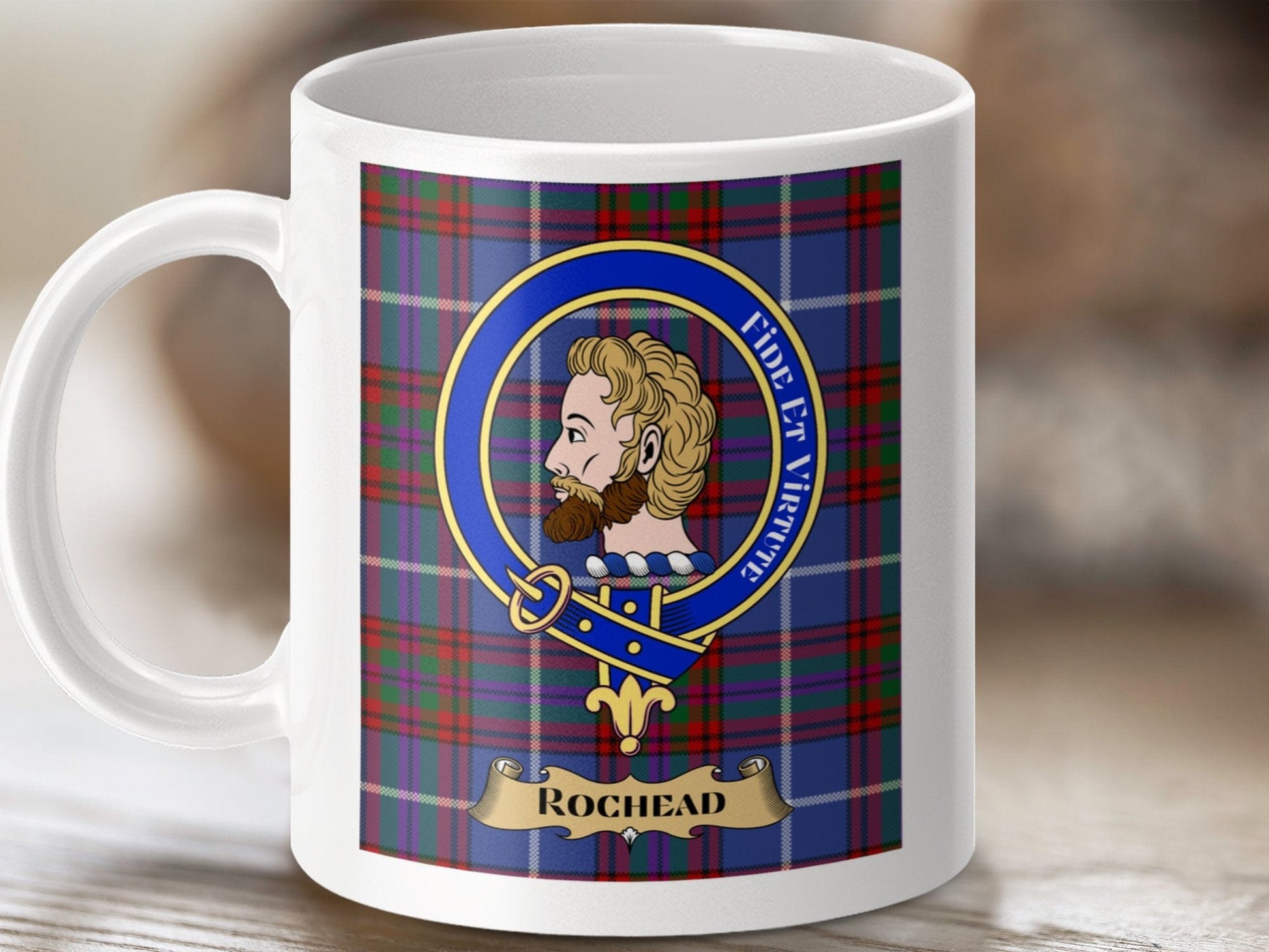 Physical Item 11oz / 11oz / White Rocheard Clan Scottish Tartan Crest Mugs