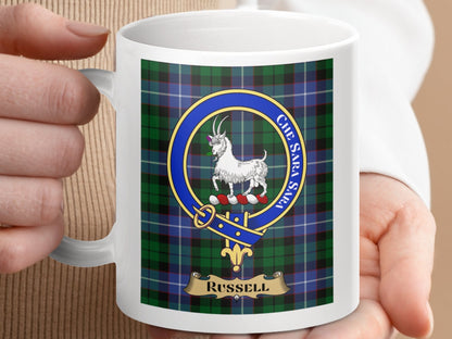 Physical Item 11oz / 11oz / White Russell Clan Scottish Tartan Crest Mugs