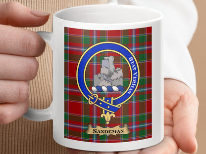 Physical Item 11oz / 11oz / White Sandeman Clan Scottish Tartan Crest Badge Mugs