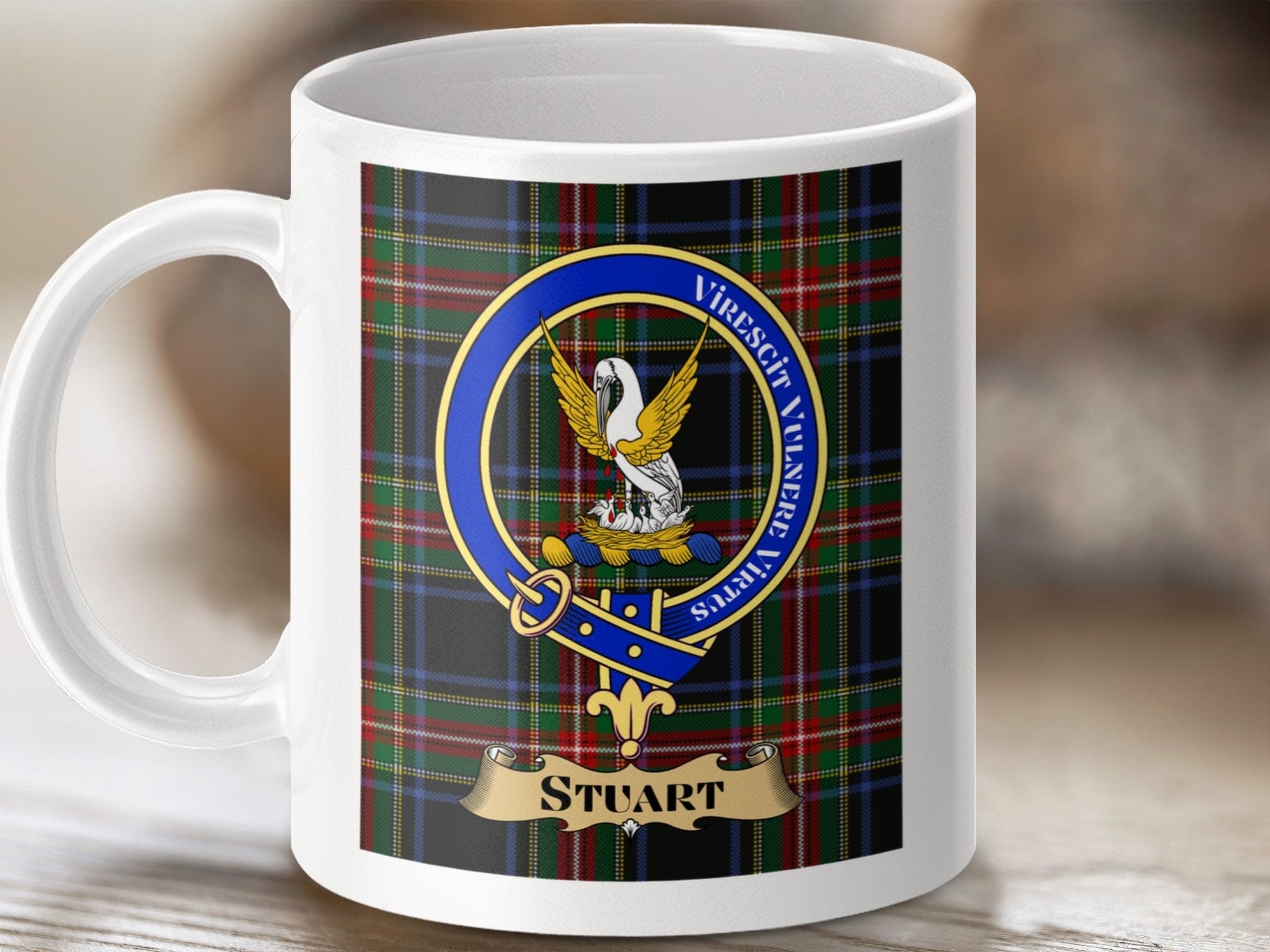 Physical Item 11oz / 11oz / White Stuart Clan Scottish Tartan Crest Mugs