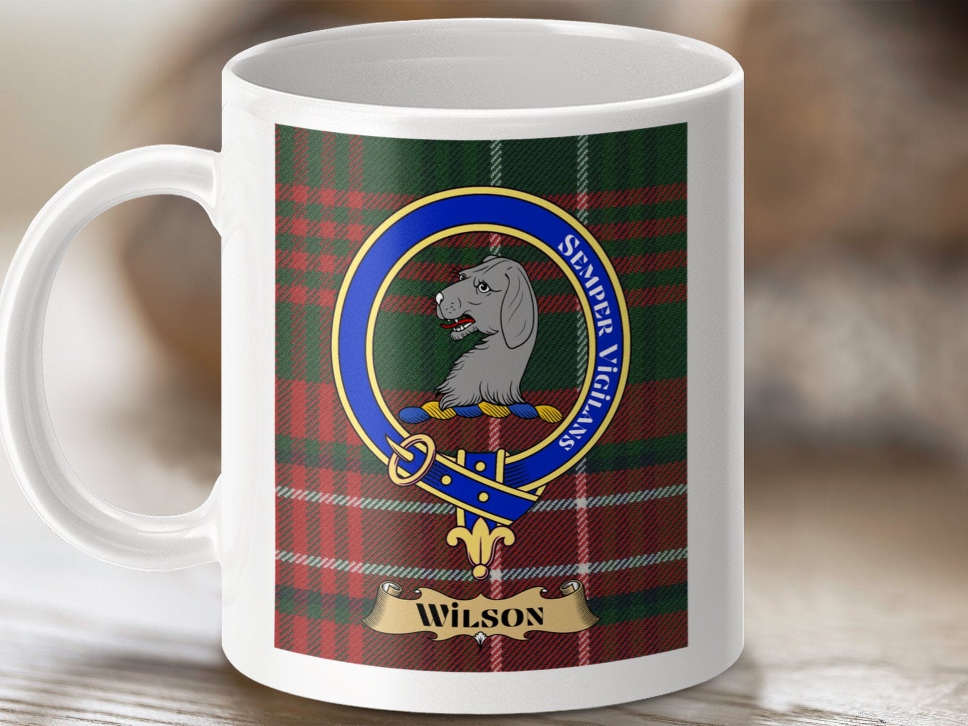 Physical Item 11oz / 11oz / White Wilson Clan Scottish Tartan Crest Mugs