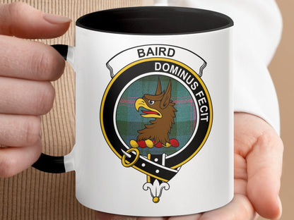 Physical Item 11oz Accent Mug / Black / 11oz Baird Scottish Clan Crest on Tartan Background Mugs