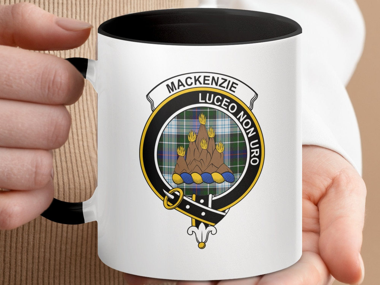 Physical Item 11oz Accent Mug / Black / 11oz Mackenzie Clan Crest Tartan Background Two Sided Mugs