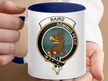 Physical Item 11oz Accent Mug / Dark Blue / 11oz Baird Scottish Clan Crest on Tartan Background Mugs