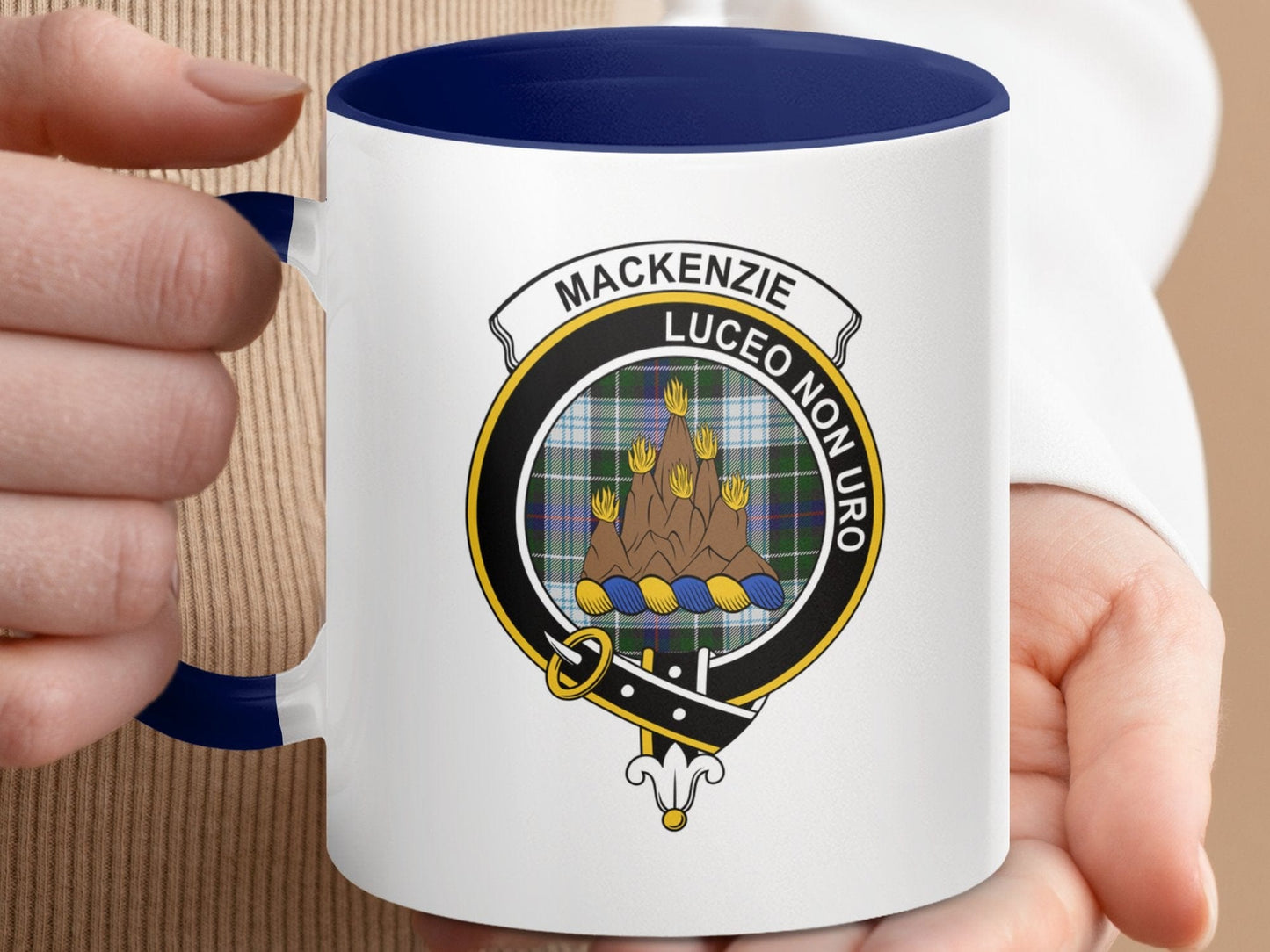 Physical Item 11oz Accent Mug / Dark Blue / 11oz Mackenzie Clan Crest Tartan Background Two Sided Mugs