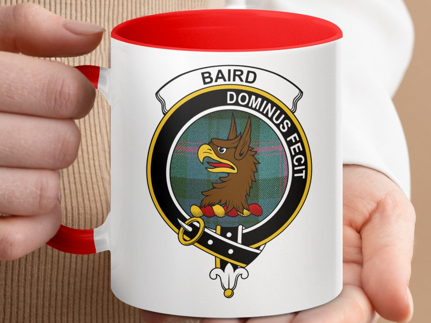 Physical Item 11oz Accent Mug / Red / 11oz Baird Scottish Clan Crest on Tartan Background Mugs