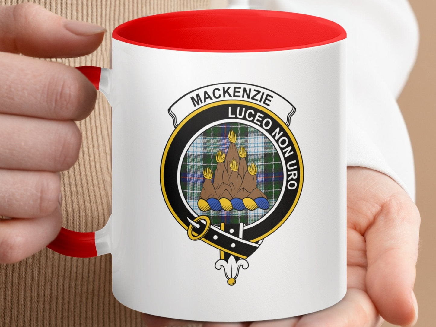 Physical Item 11oz Accent Mug / Red / 11oz Mackenzie Clan Crest Tartan Background Two Sided Mugs