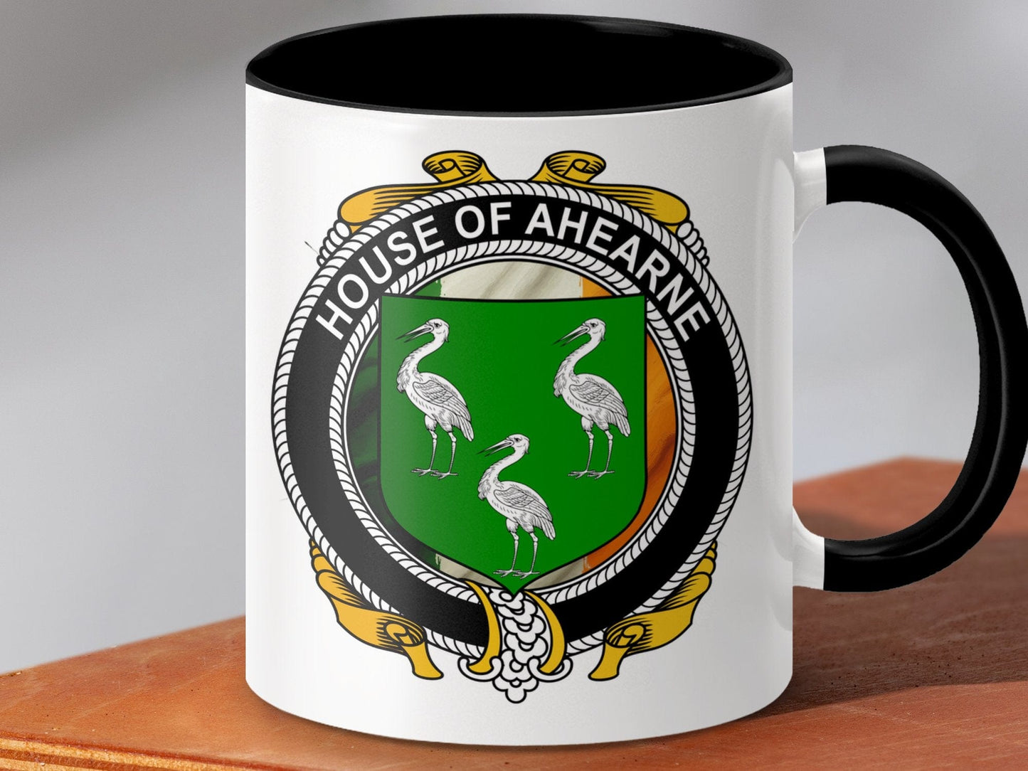 Physical Item 11oz / Black Ahearne Surname Irish Crest Flag Design Mug