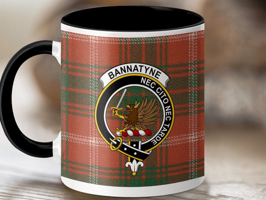 Physical Item 11oz / Black Bannatyne Clan Crest Tartan Scottish Mug