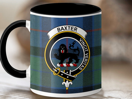 Physical Item 11oz / Black Baxter Clan Crest Tartan Scottish Mug