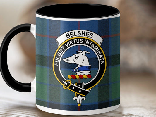 Physical Item 11oz / Black Belshes Clan Crest Tartan Scottish Mug