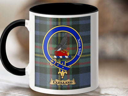 Physical Item 11oz / Black Clelland Clan Scottish Tartan Crest Mug